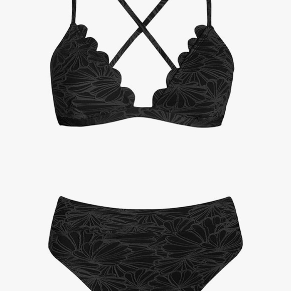 CUPSHE Women’s Black High Waisted Scalloped V Neck Bikini Set S - Picture 4 of 6